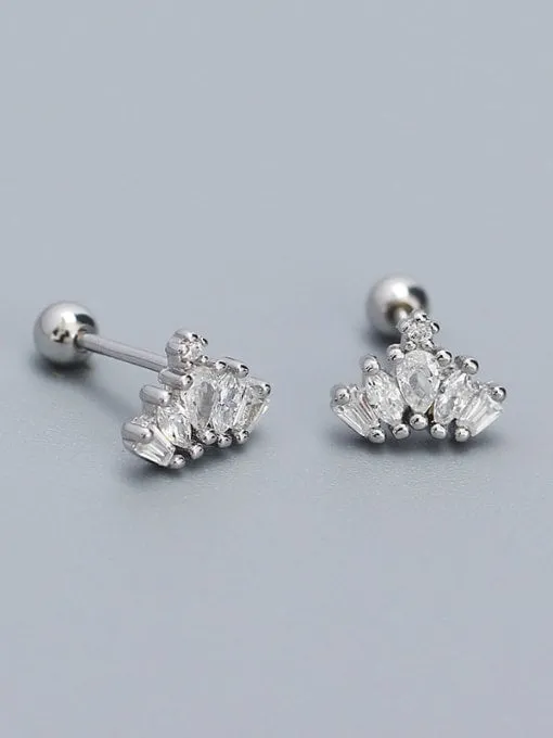 Crown Silver Stud Earrings, .925 Sterling Silver, Screw Back Cubic Zirconia Earrings