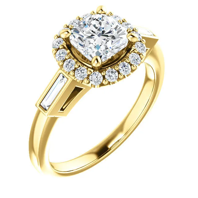 Cubic Zirconia Engagement Ring- The Azariah (Customizable Cathedral Cushion Cut Design with Halo and Straight Baguettes)