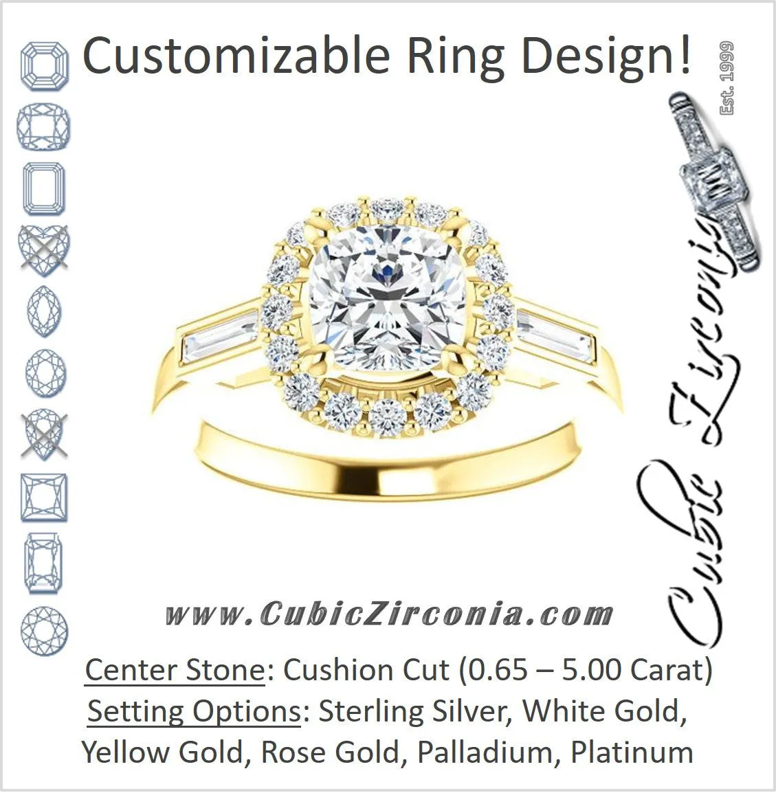 Cubic Zirconia Engagement Ring- The Azariah (Customizable Cathedral Cushion Cut Design with Halo and Straight Baguettes)