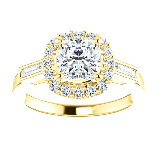 Cubic Zirconia Engagement Ring- The Azariah (Customizable Cathedral Cushion Cut Design with Halo and Straight Baguettes)