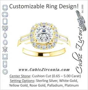 Cubic Zirconia Engagement Ring- The Azariah (Customizable Cathedral Cushion Cut Design with Halo and Straight Baguettes)