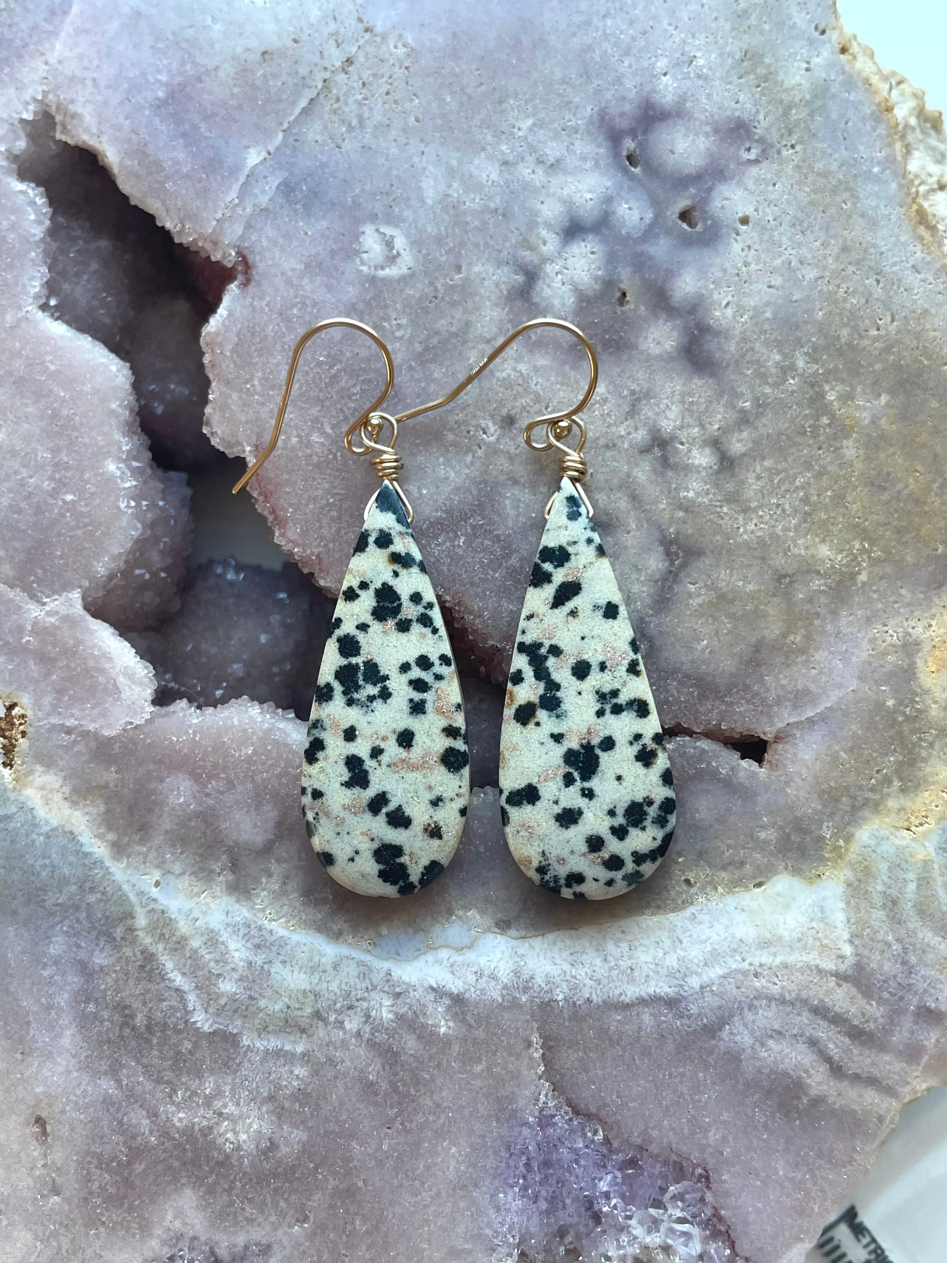 Dalmatian Jasper Dangle Earrings Gold Filled