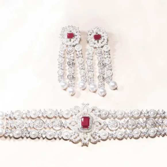 Dilara Choker Set - Ruby Red Jaipur Rose White Gold Plated Luxury Designer Indian Jewelry Online