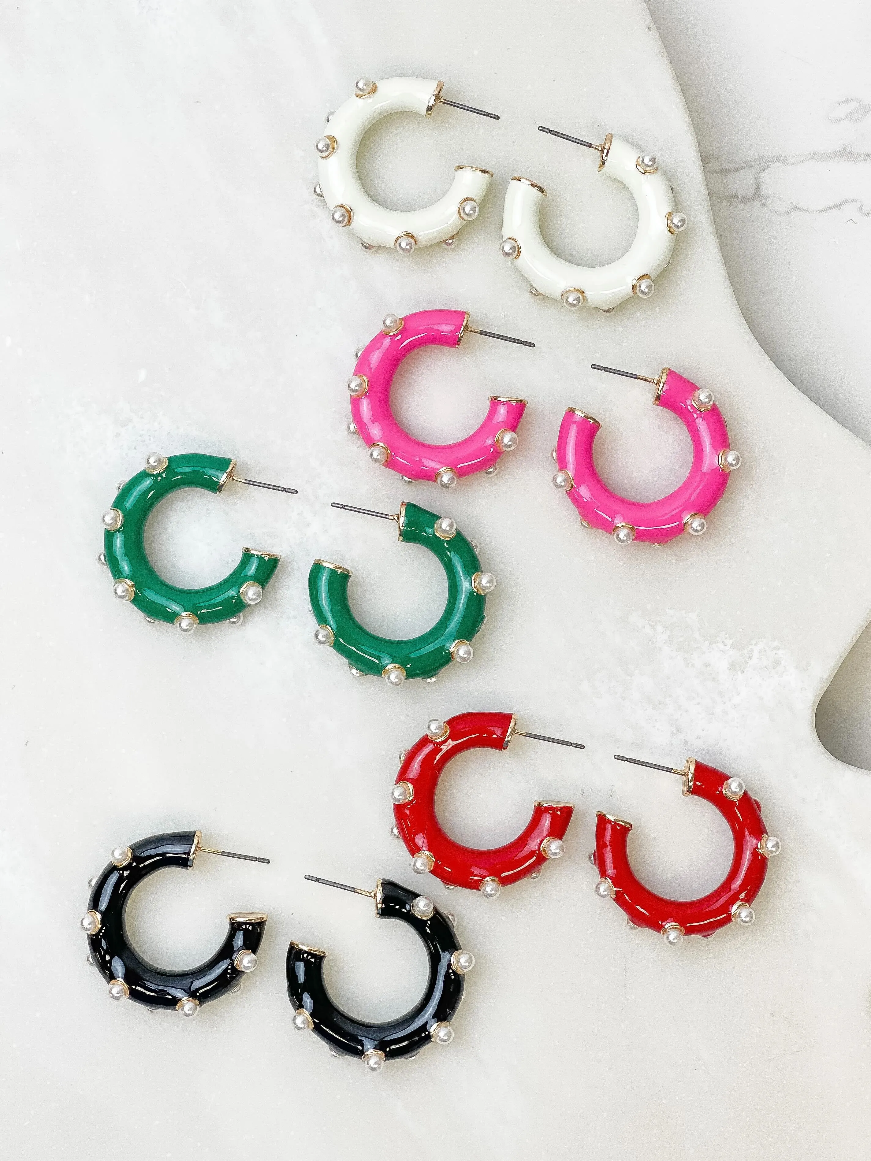 Dotted Pearl & Enamel Open Hoops - Jet