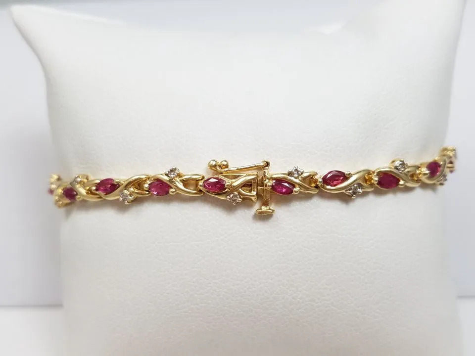 Elegant 7.25" 14k Yellow Gold Natural Ruby Diamond Custom Bracelet