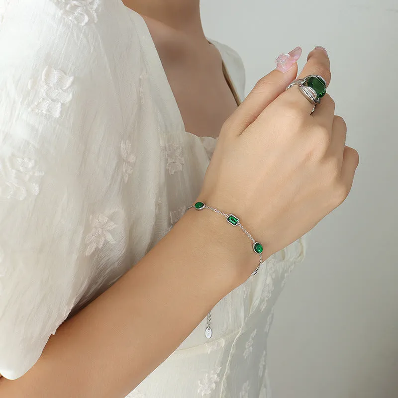 Emerald Zircon Inlaid Titanium Steel Gold-Plated Bracelet with Court Style Design