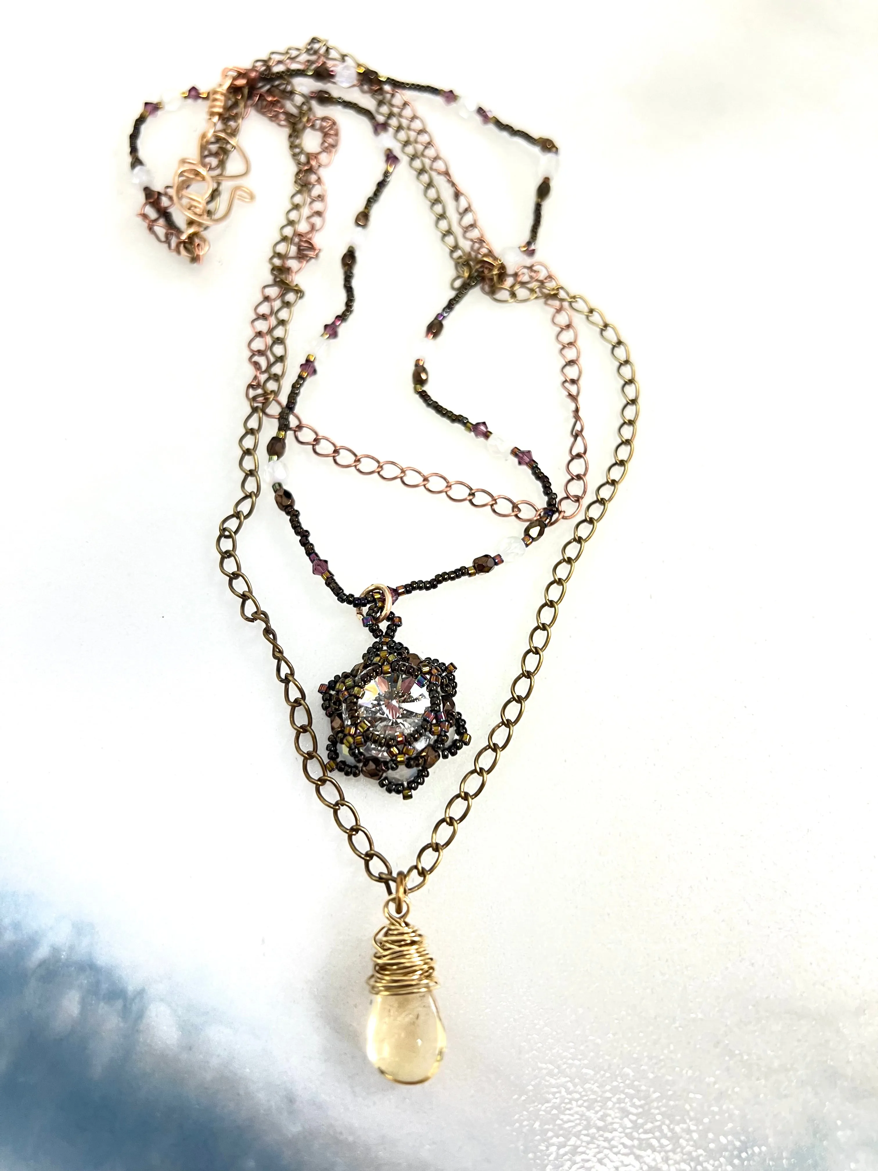 Em'z Blendz Layered Lotus Flower Necklace | Handwoven Clear Crystal, Citrine, Brass & Antiqued Copper