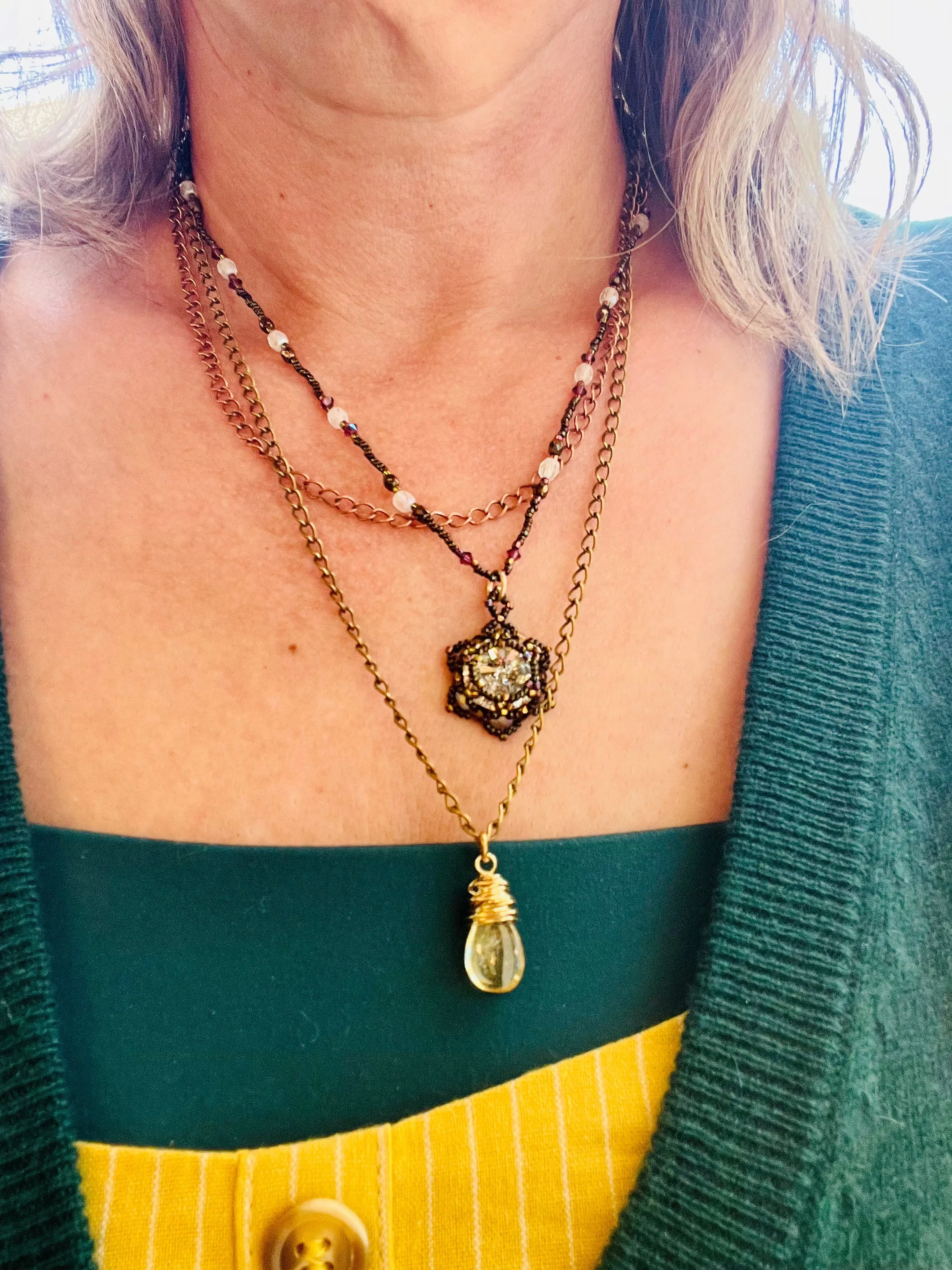 Em'z Blendz Layered Lotus Flower Necklace | Handwoven Clear Crystal, Citrine, Brass & Antiqued Copper