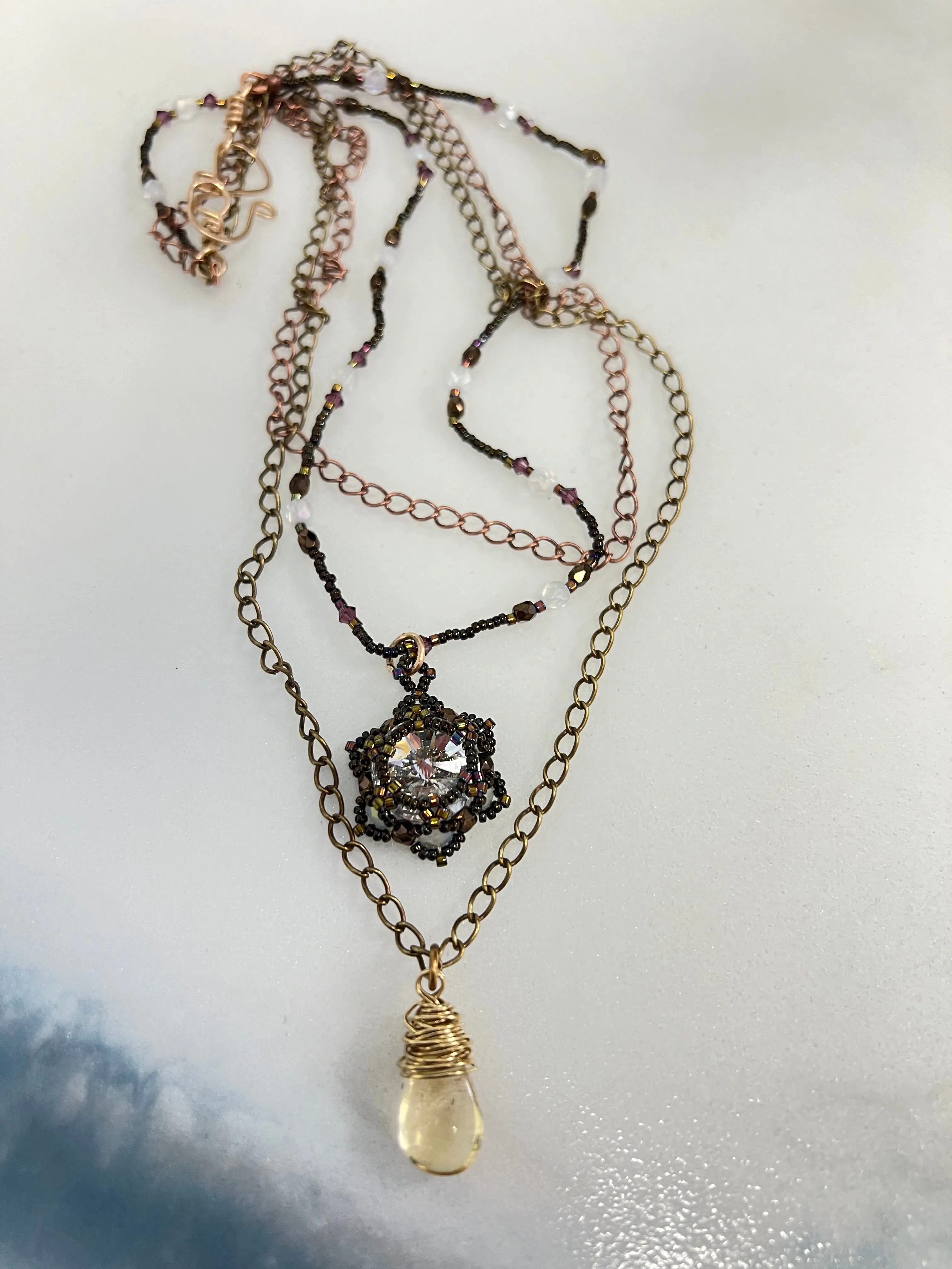 Em'z Blendz Layered Lotus Flower Necklace | Handwoven Clear Crystal, Citrine, Brass & Antiqued Copper