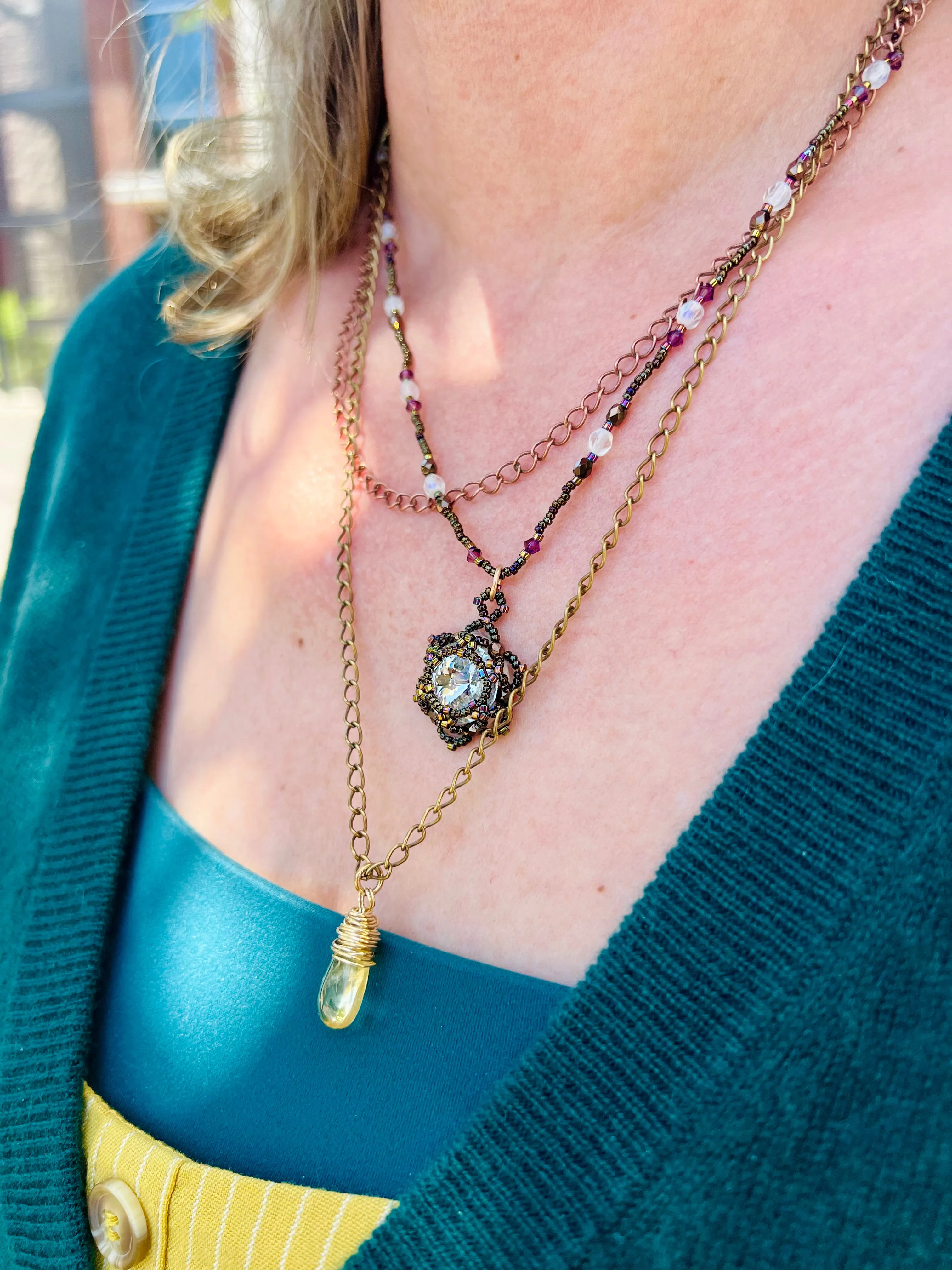 Em'z Blendz Layered Lotus Flower Necklace | Handwoven Clear Crystal, Citrine, Brass & Antiqued Copper