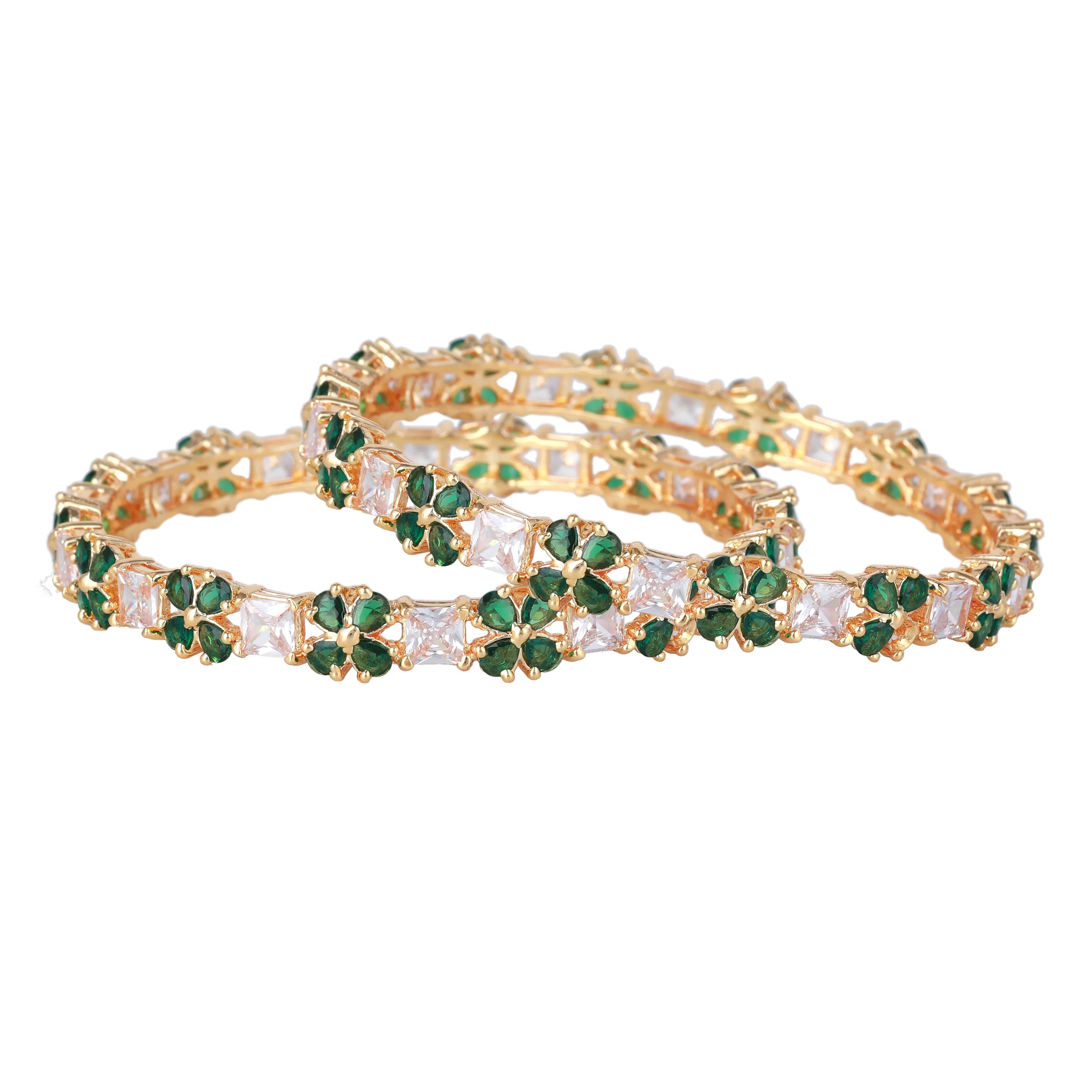 Estele Gold Plated CZ Fascinating Bangles with Green Stones for Women