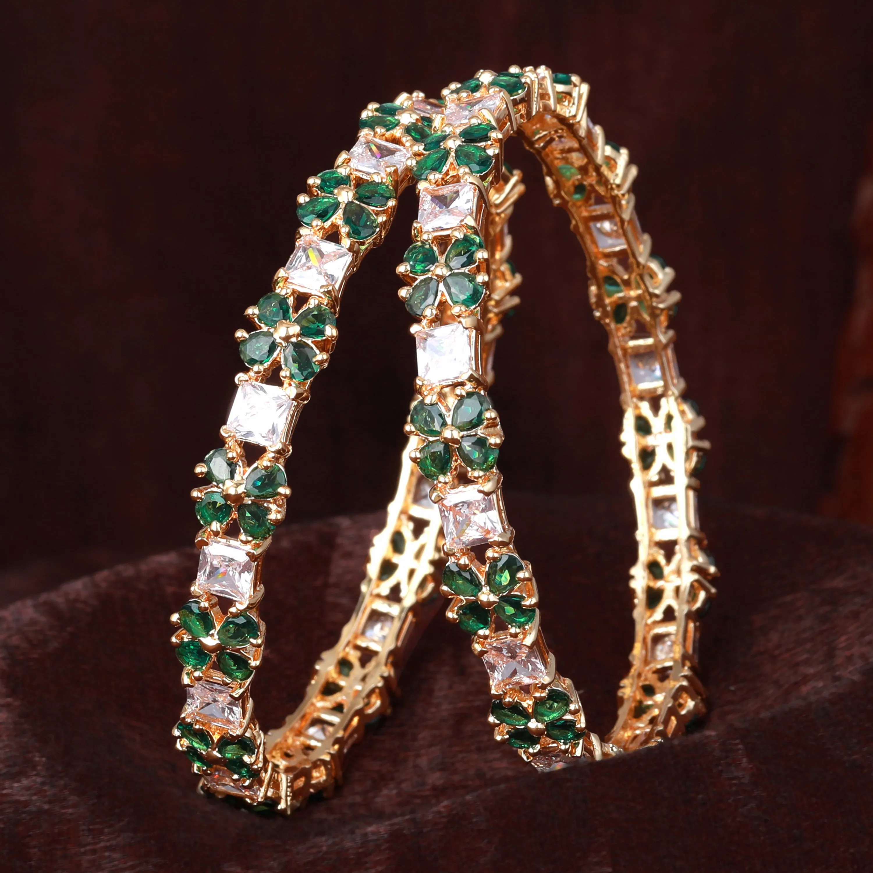 Estele Gold Plated CZ Fascinating Bangles with Green Stones for Women