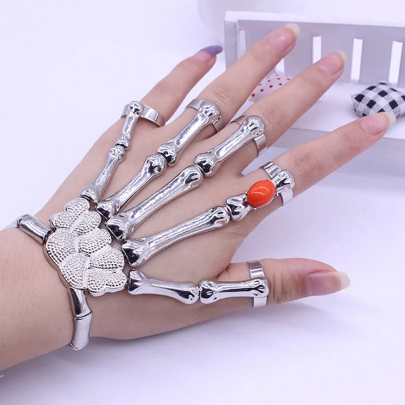 Europe And America Silver Punk Rock Skeleton Skull Hand Bone Bracelet Ruby Goth Skeleton Bracelet for women