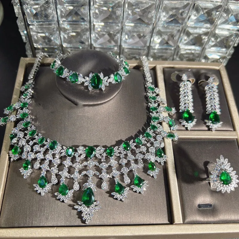 Exquisite Green Waterdrop Zircon Jewelry Set – Four-Piece Necklace, Earrings, Ring & Bracelet for Elegant Occasions