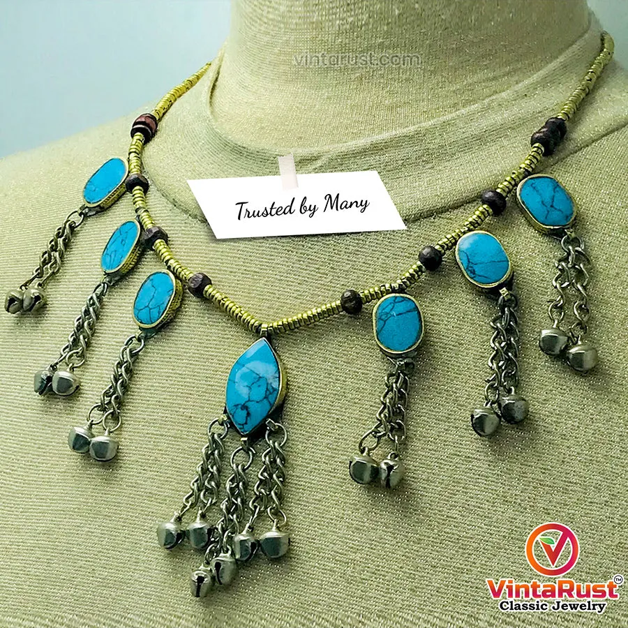 Festive Tribal Beaded Necklace with Turquoise Stones and Bells