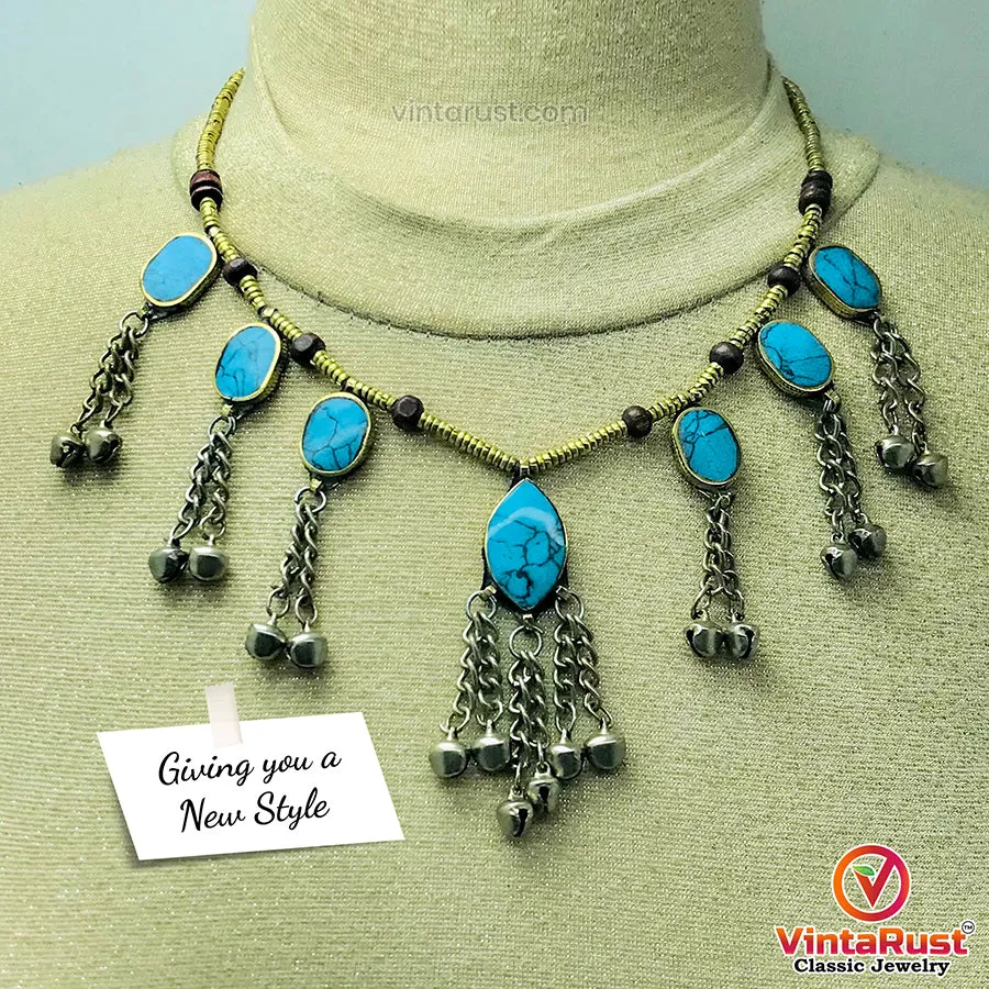 Festive Tribal Beaded Necklace with Turquoise Stones and Bells