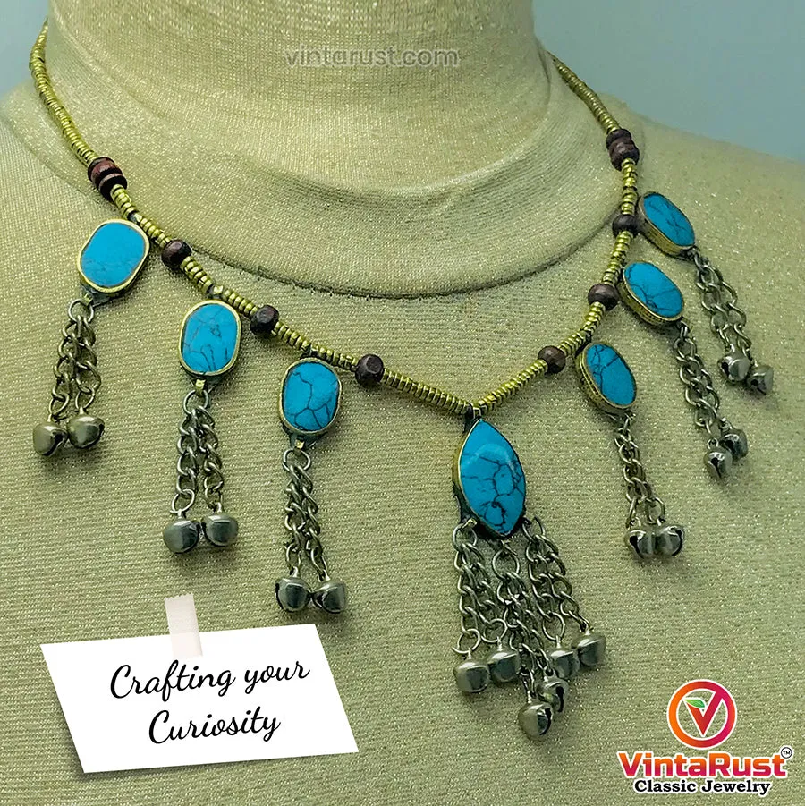 Festive Tribal Beaded Necklace with Turquoise Stones and Bells