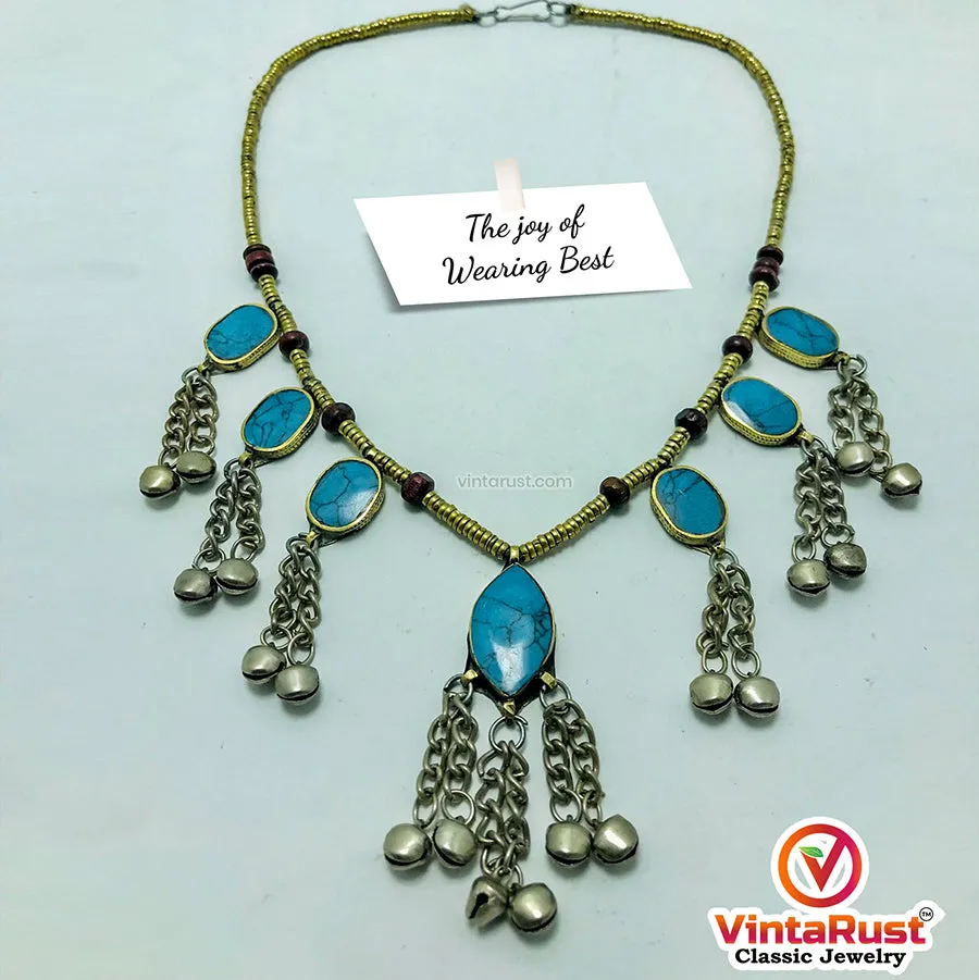 Festive Tribal Beaded Necklace with Turquoise Stones and Bells