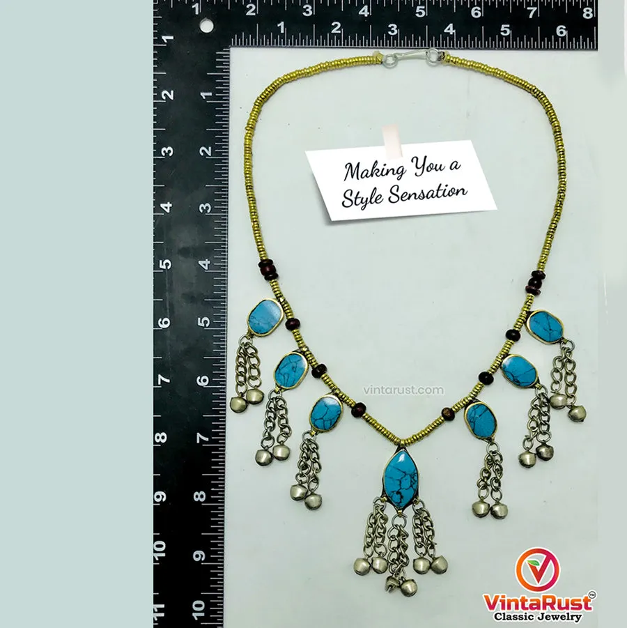 Festive Tribal Beaded Necklace with Turquoise Stones and Bells