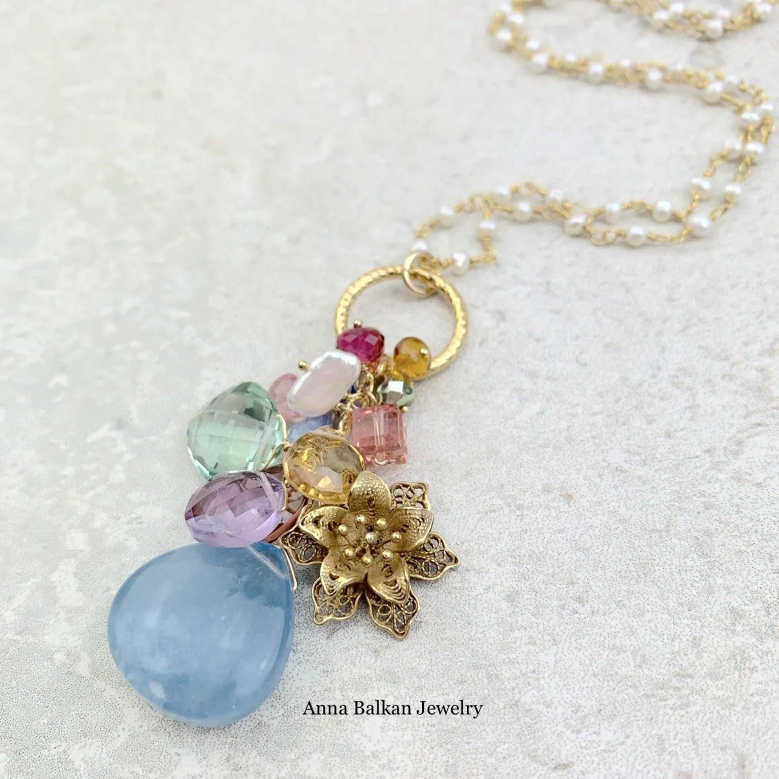 Filigree Flower and Aquamarine Pendant Style Necklace