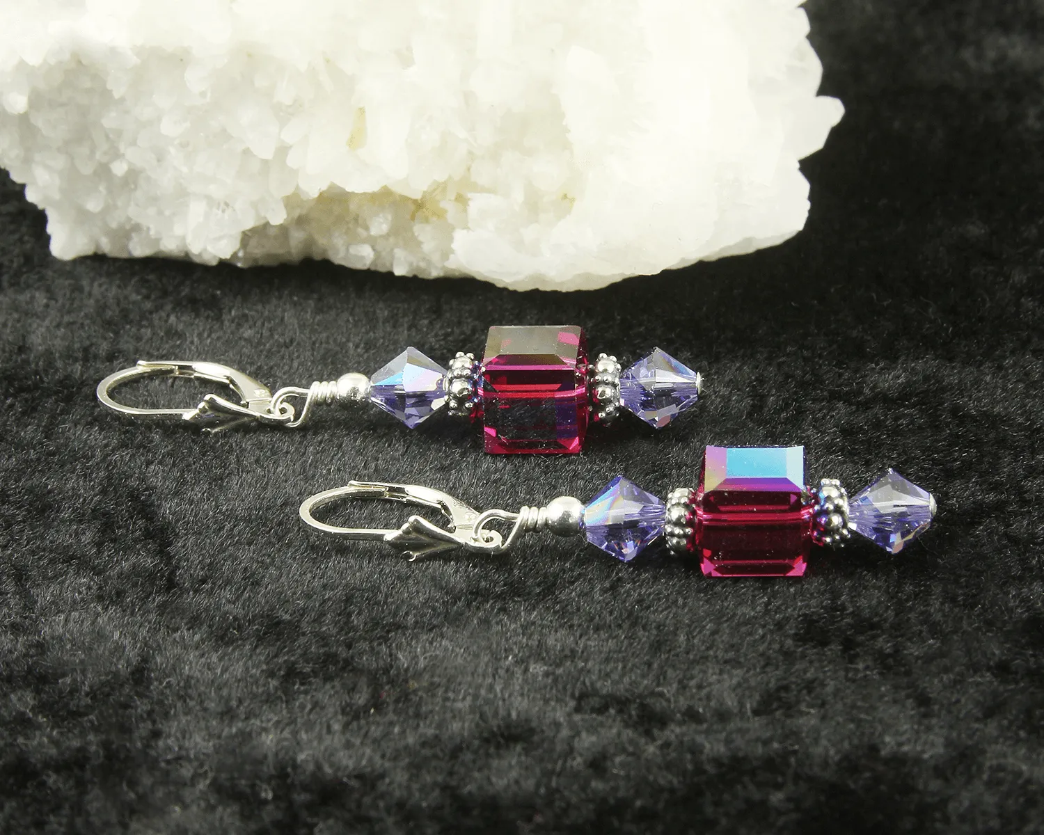 Fuchsia Tanzanite Cube Crystal Earrings