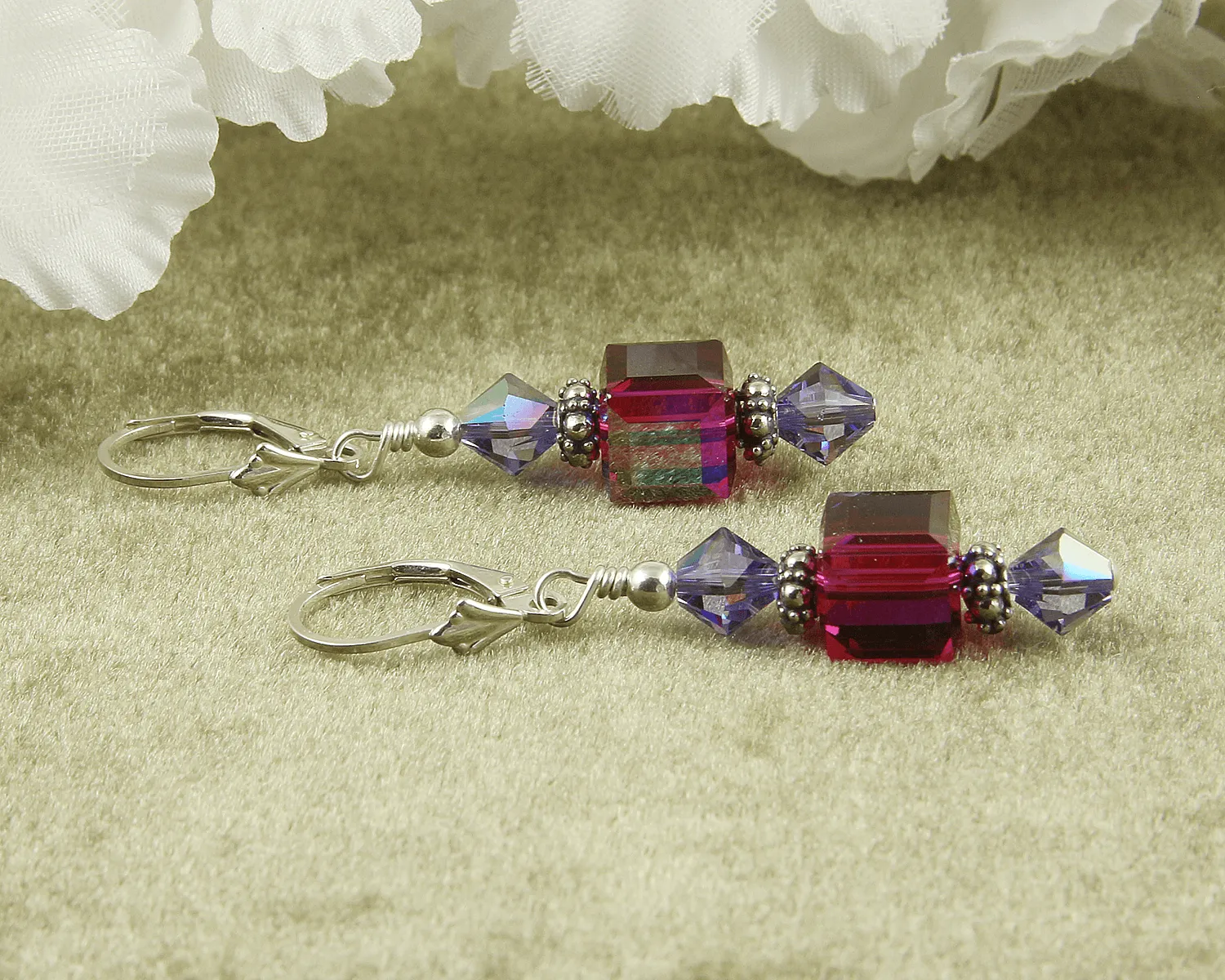 Fuchsia Tanzanite Cube Crystal Earrings