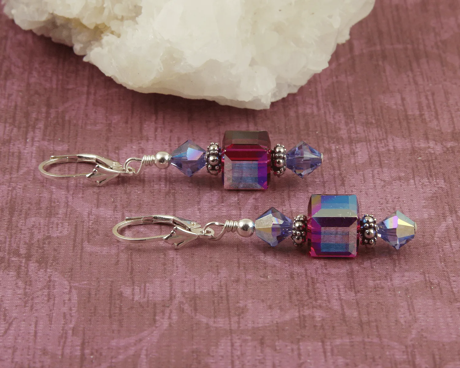 Fuchsia Tanzanite Cube Crystal Earrings