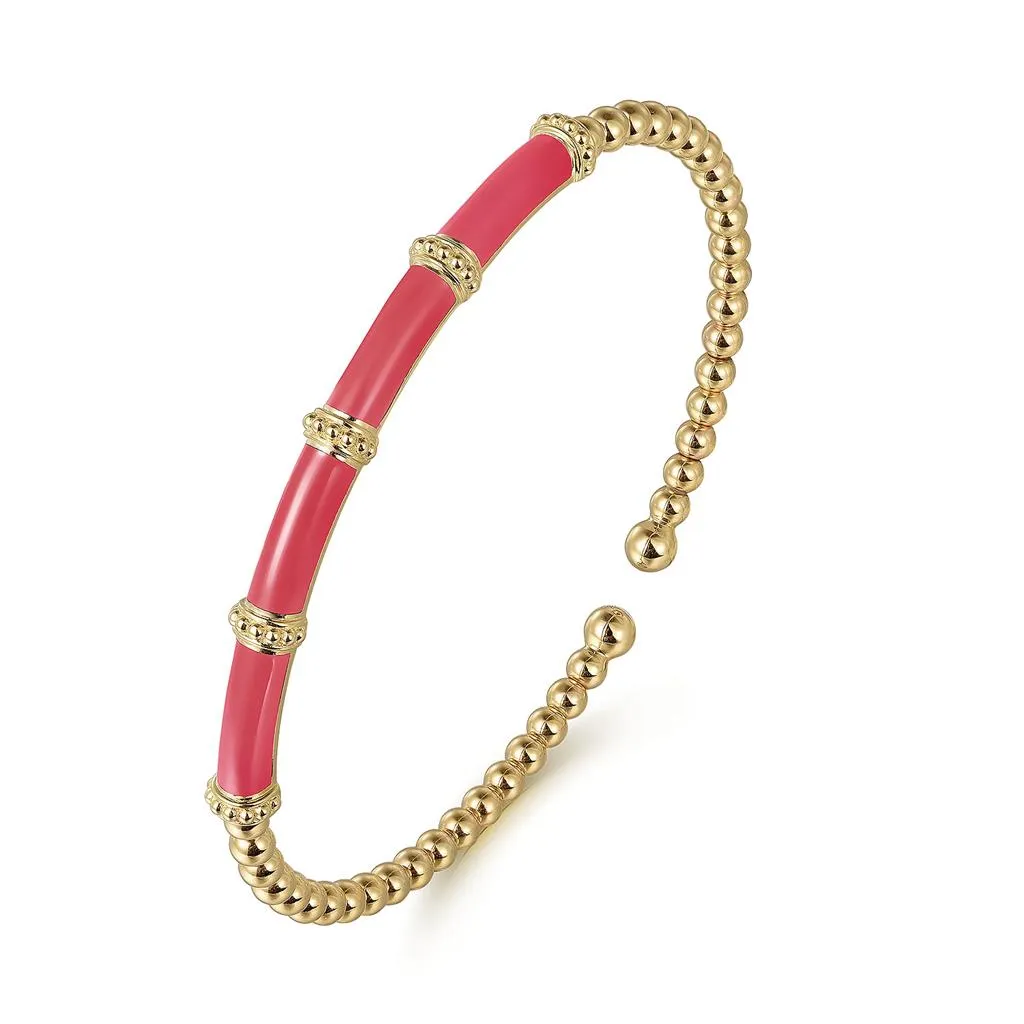 Gabriel & Co. 14K Yellow Gold Bujukan Beads Split Bangle with Pink Enamel