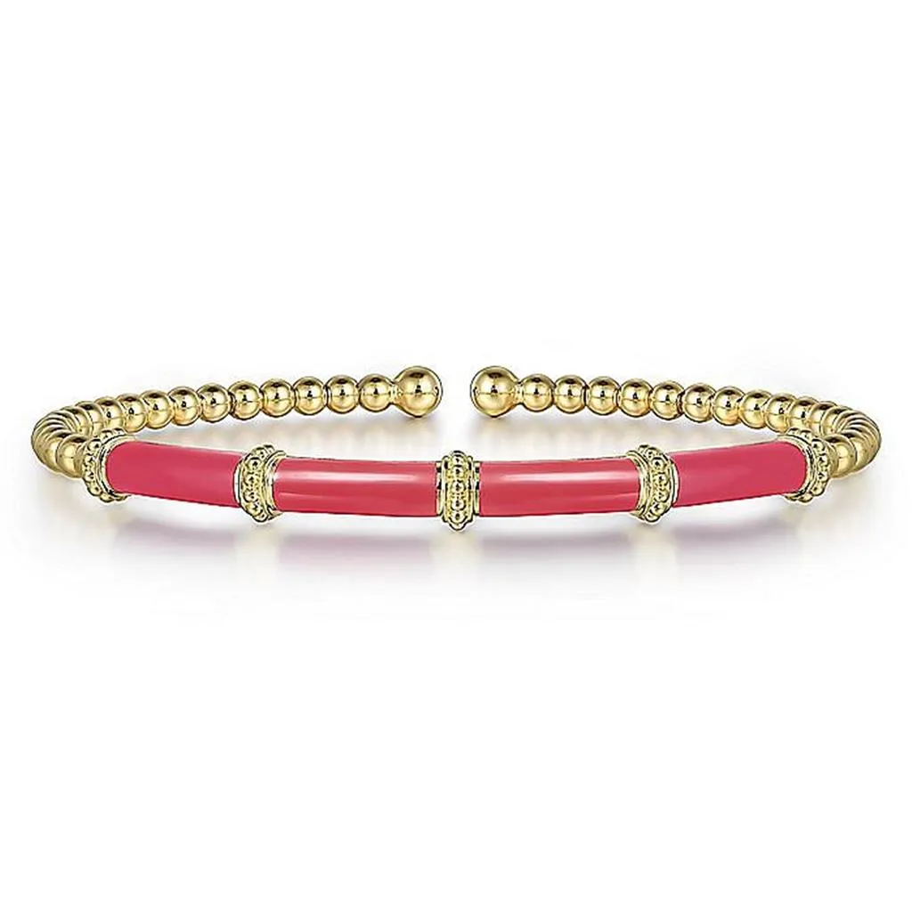 Gabriel & Co. 14K Yellow Gold Bujukan Beads Split Bangle with Pink Enamel