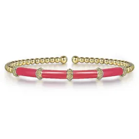 Gabriel & Co. 14K Yellow Gold Bujukan Beads Split Bangle with Pink Enamel