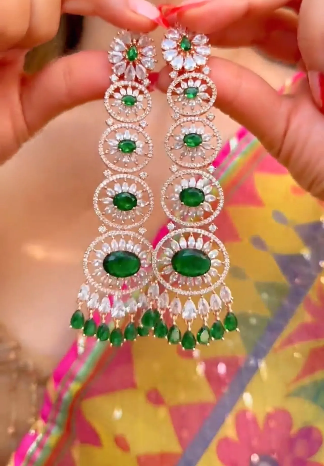 Gigi Emerald Green Long Statement Chandelier Earrings Rose Gold- Jaipur Rose Modern Luxury Designer Indian Jewelry