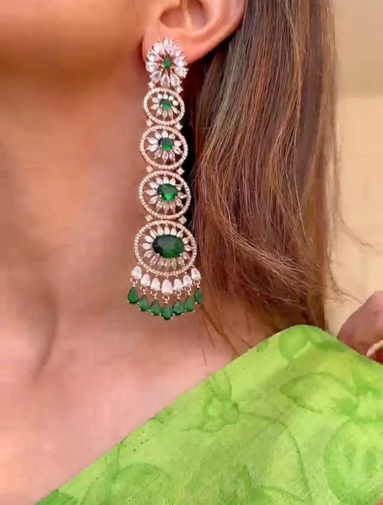 Gigi Emerald Green Long Statement Chandelier Earrings Rose Gold- Jaipur Rose Modern Luxury Designer Indian Jewelry