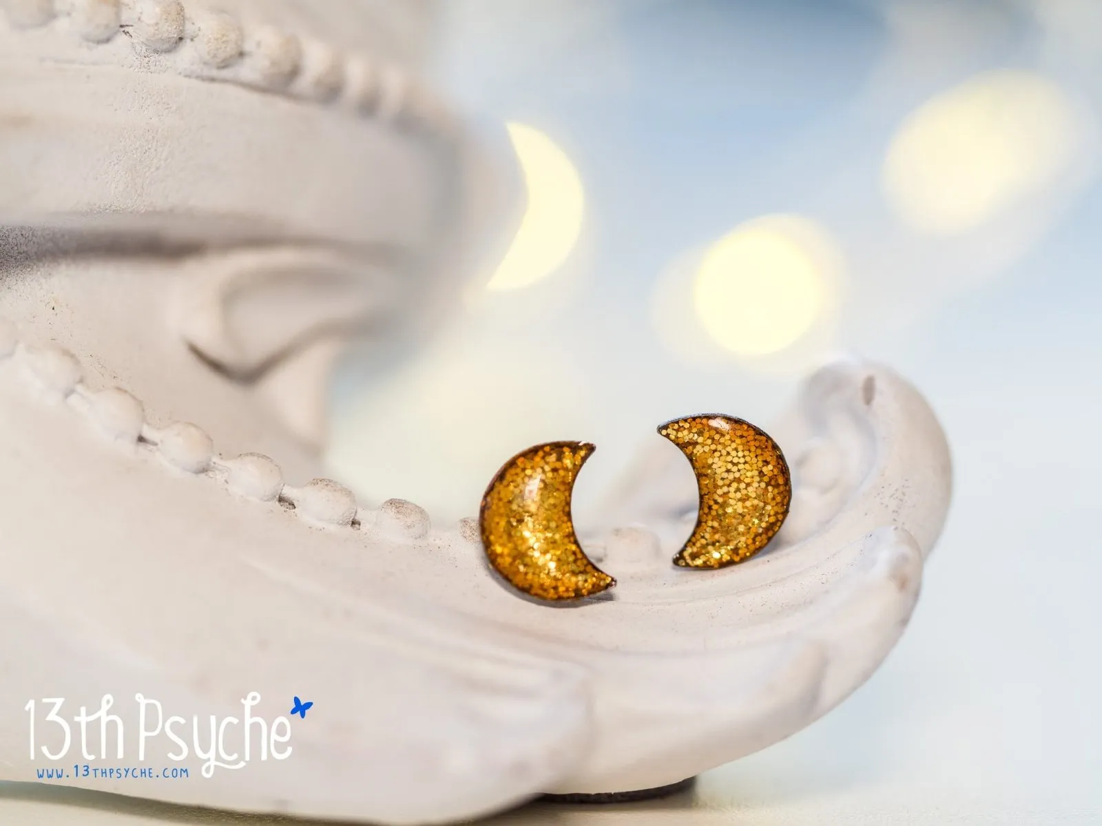 Glitter crescent moon stud earrings, Stainless steel