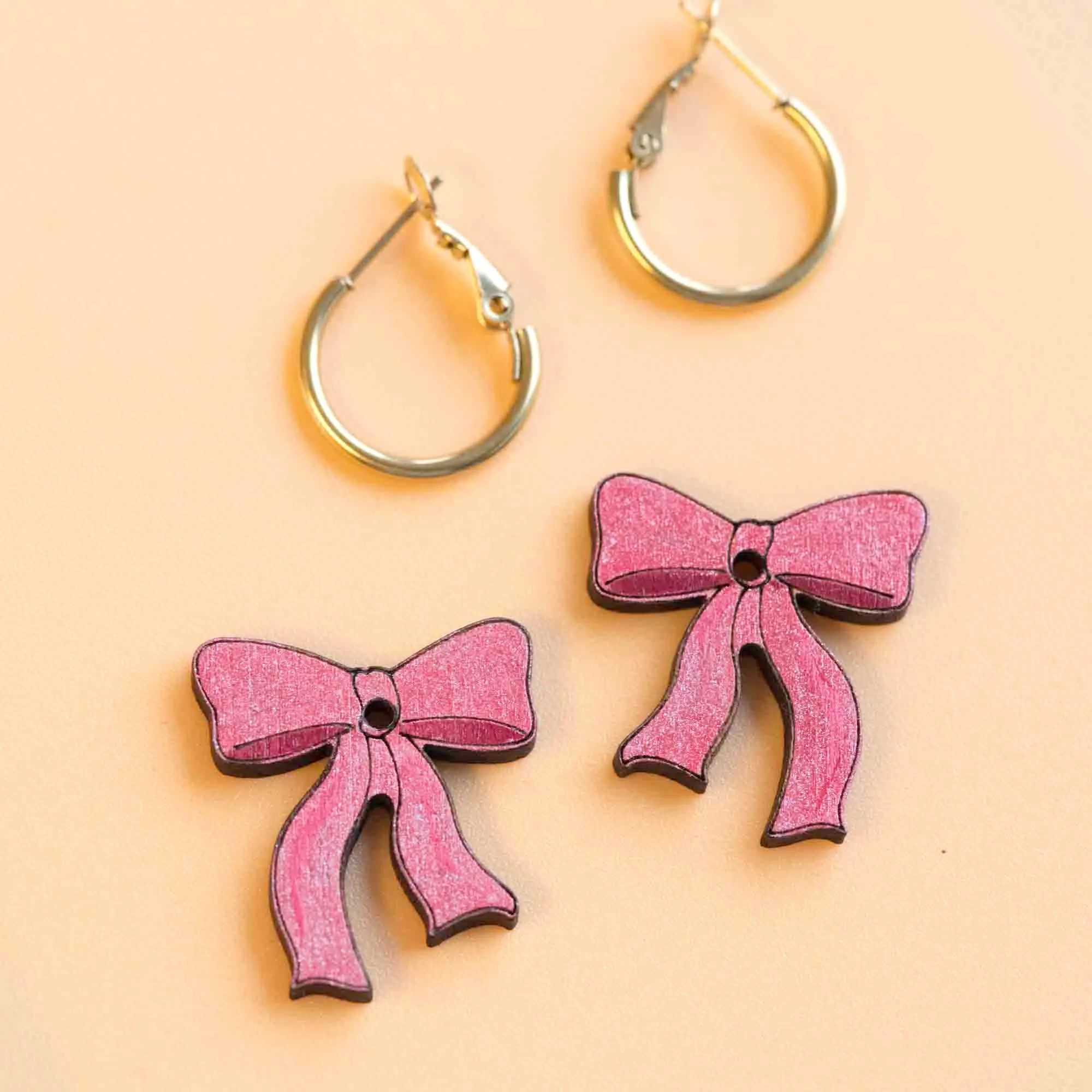 Glitter Pink Ribbon Bow Hoop Earrings - PET15232