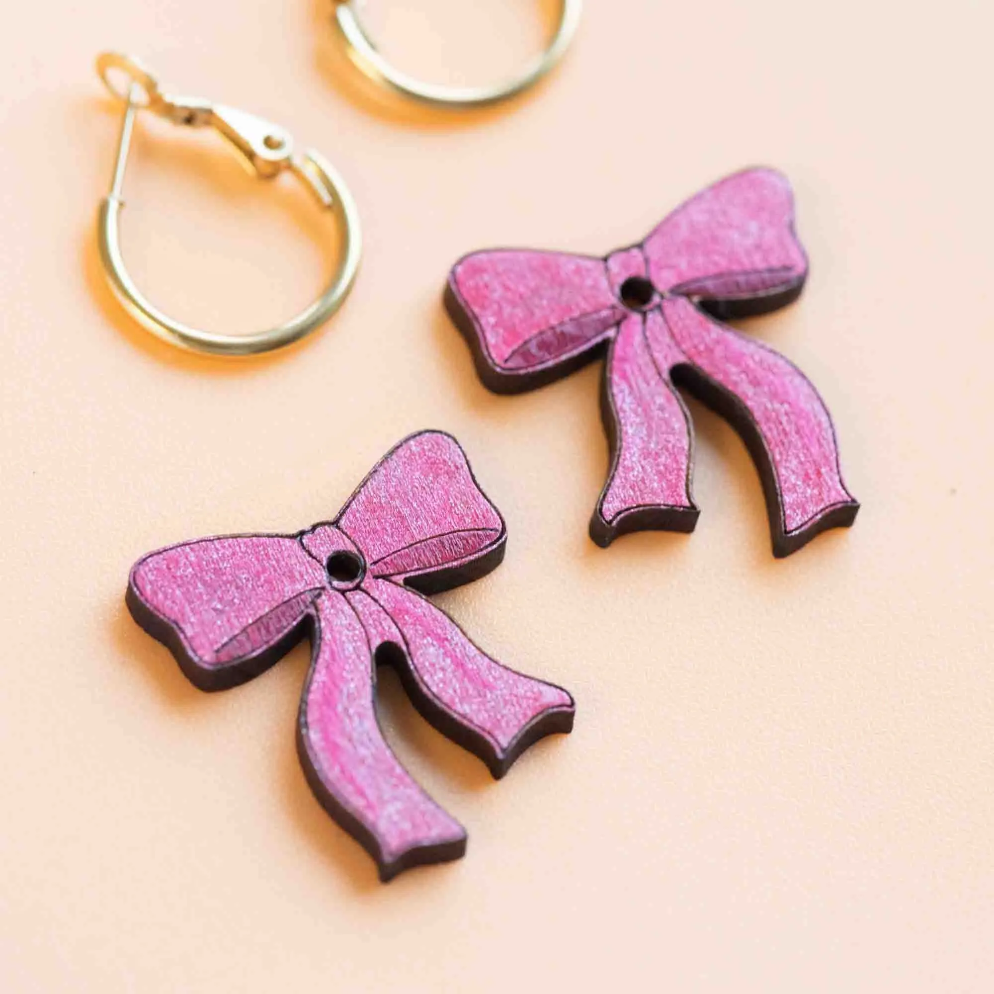 Glitter Pink Ribbon Bow Hoop Earrings - PET15232