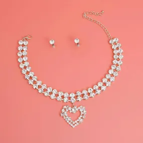 Glitzy Drop Open Heart Choker Necklace Set Silver Plated