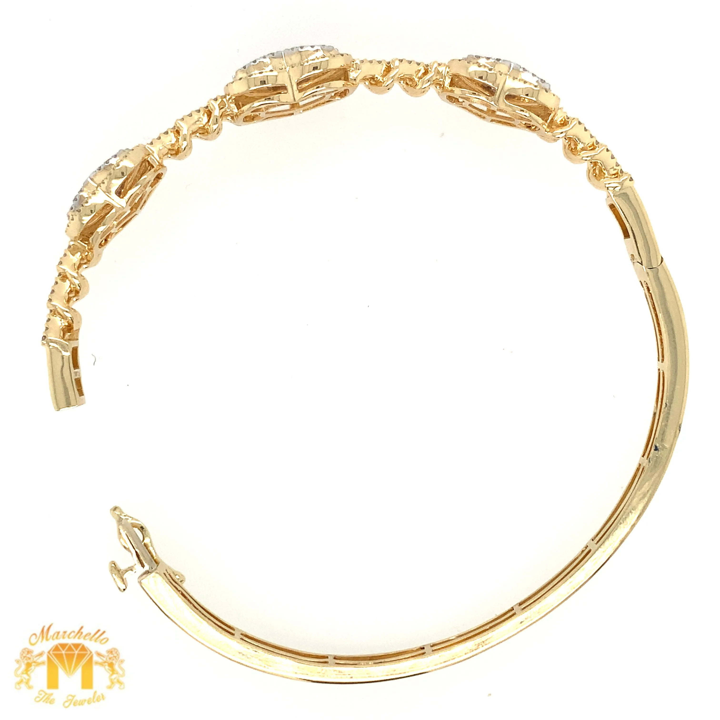 Gold 3 Hearts Cuff Bracelet with natural baguette and round diamonds