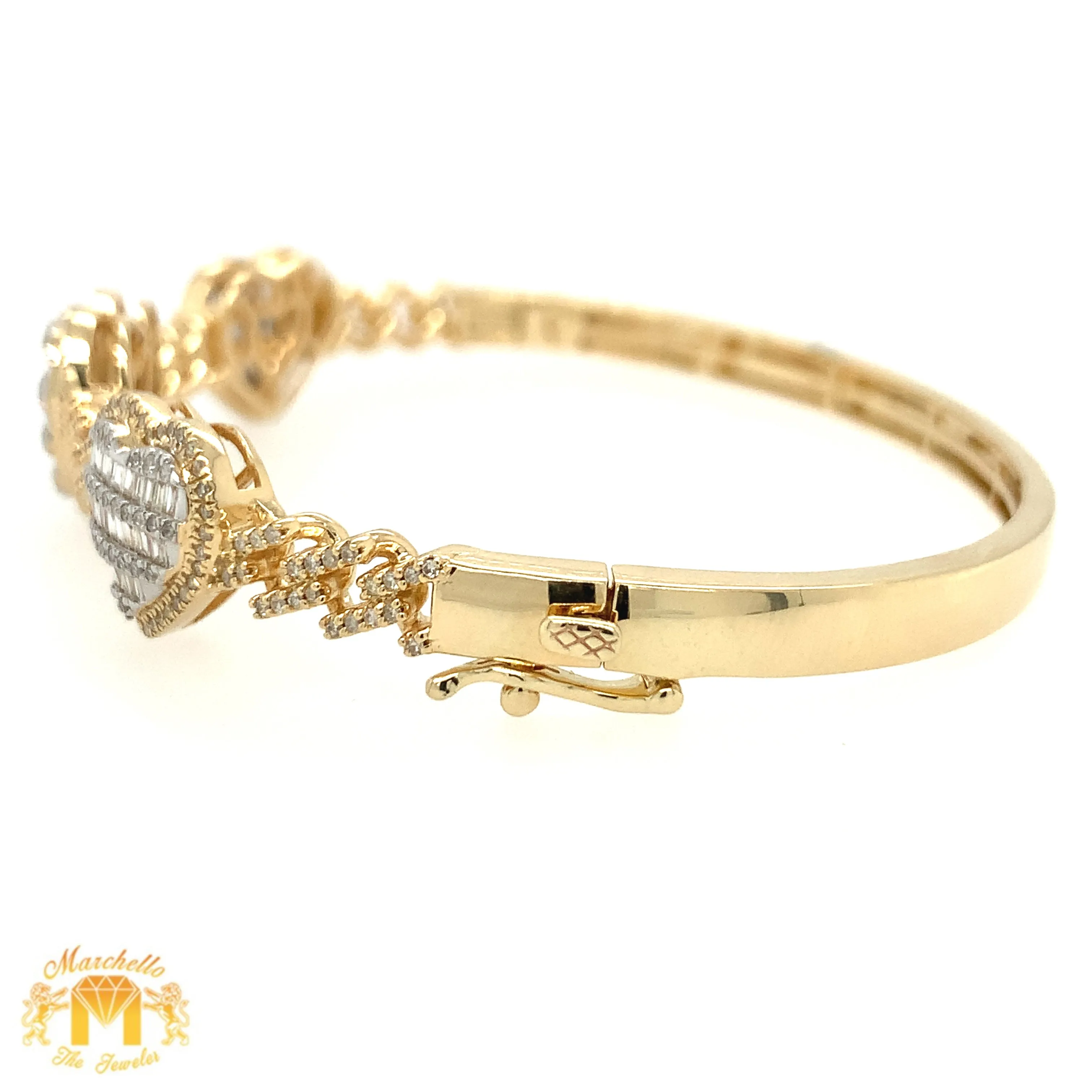 Gold 3 Hearts Cuff Bracelet with natural baguette and round diamonds