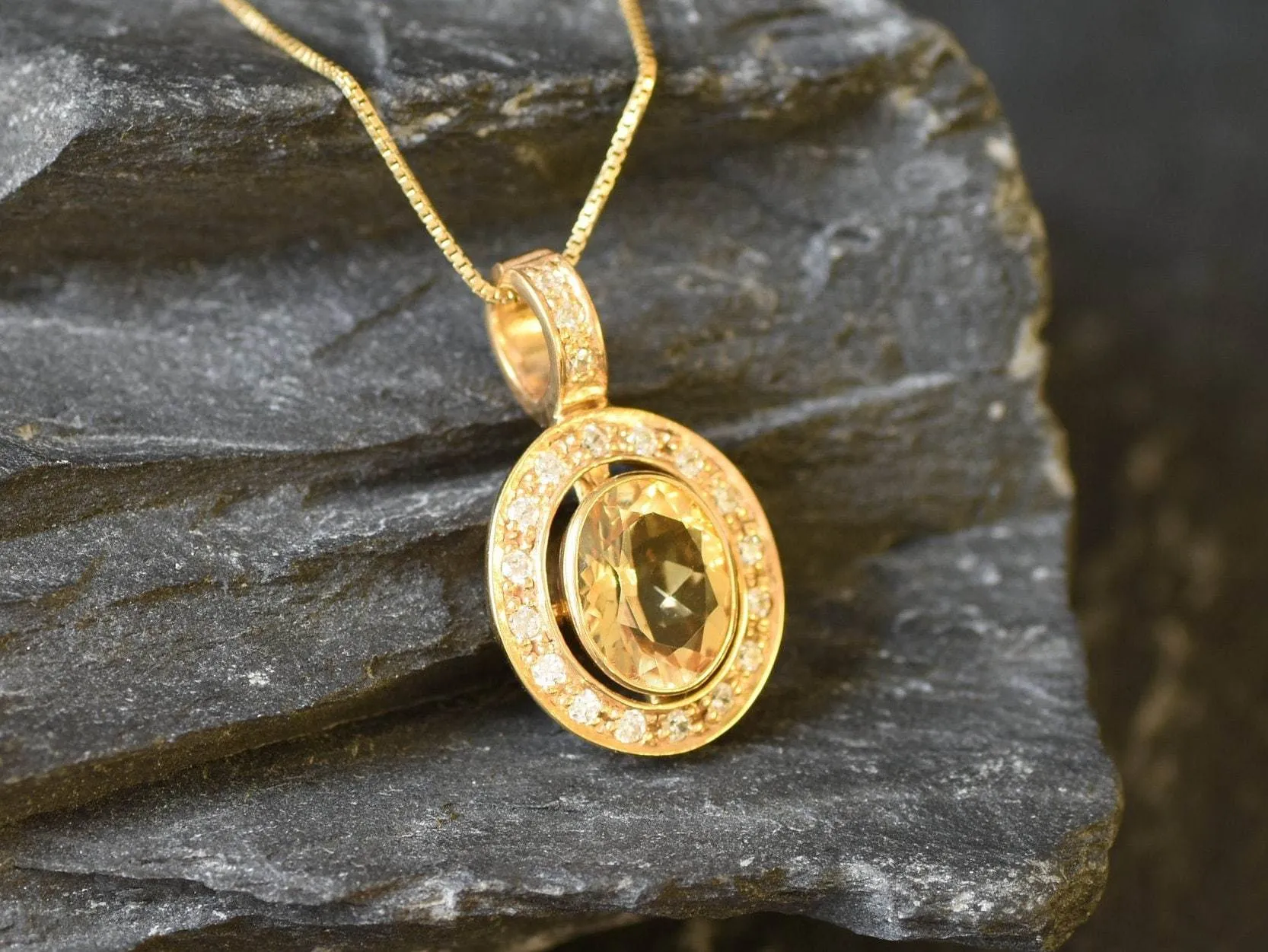 Gold Citrine Pendant - Natural Citrine Necklace - Yellow Victorian Pendant