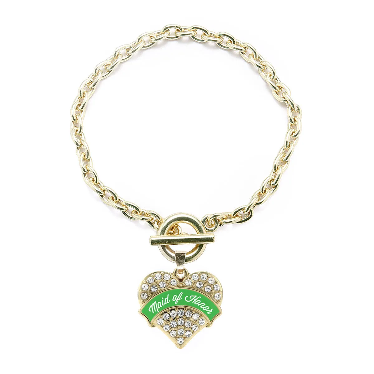 Gold Emerald Green Maid of Honor Pave Heart Charm Toggle Bracelet