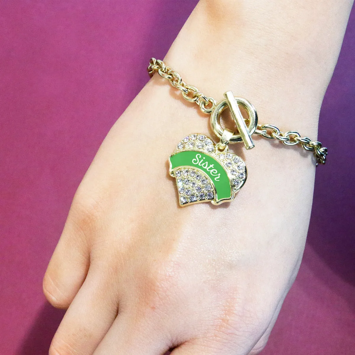 Gold Emerald Green Sister Pave Heart Charm Toggle Bracelet