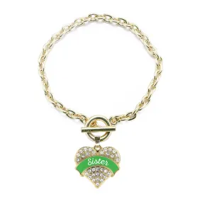 Gold Emerald Green Sister Pave Heart Charm Toggle Bracelet