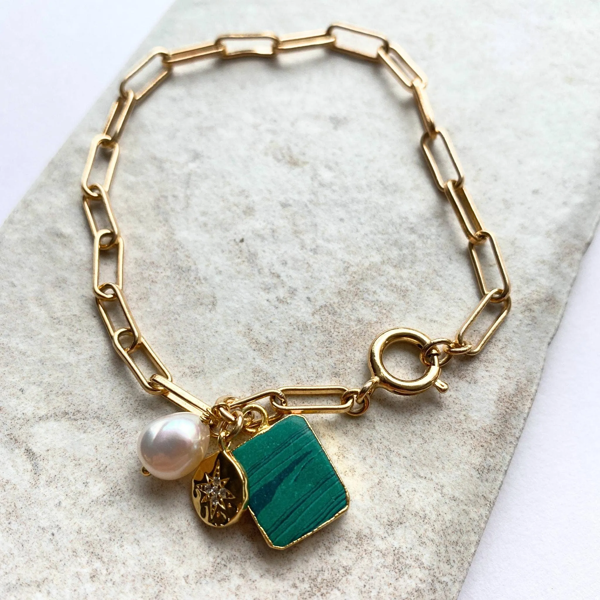 Gold Modern Bracelet | Malachite, Emerald   Star