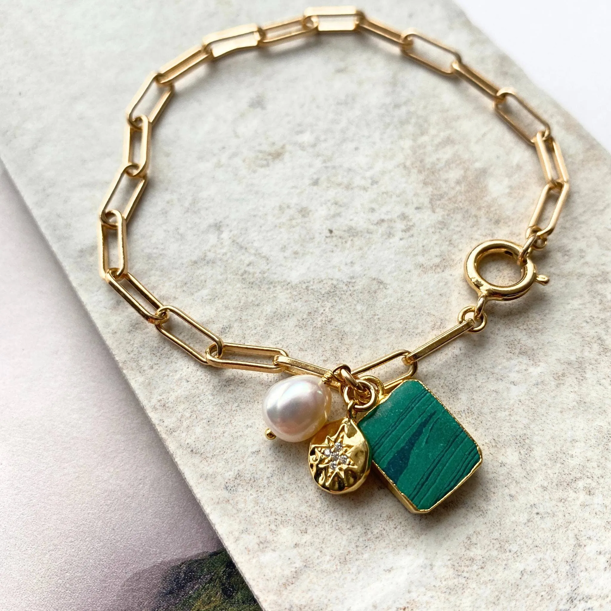 Gold Modern Bracelet | Malachite, Emerald   Star