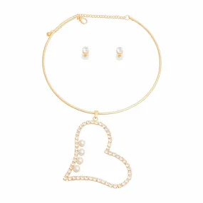 Gold Pearl Rhinestone Heart Choker Set