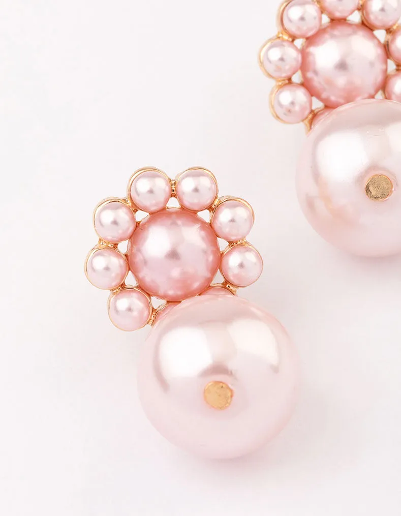 Gold Pink Flower & Pearl Drop Earrings