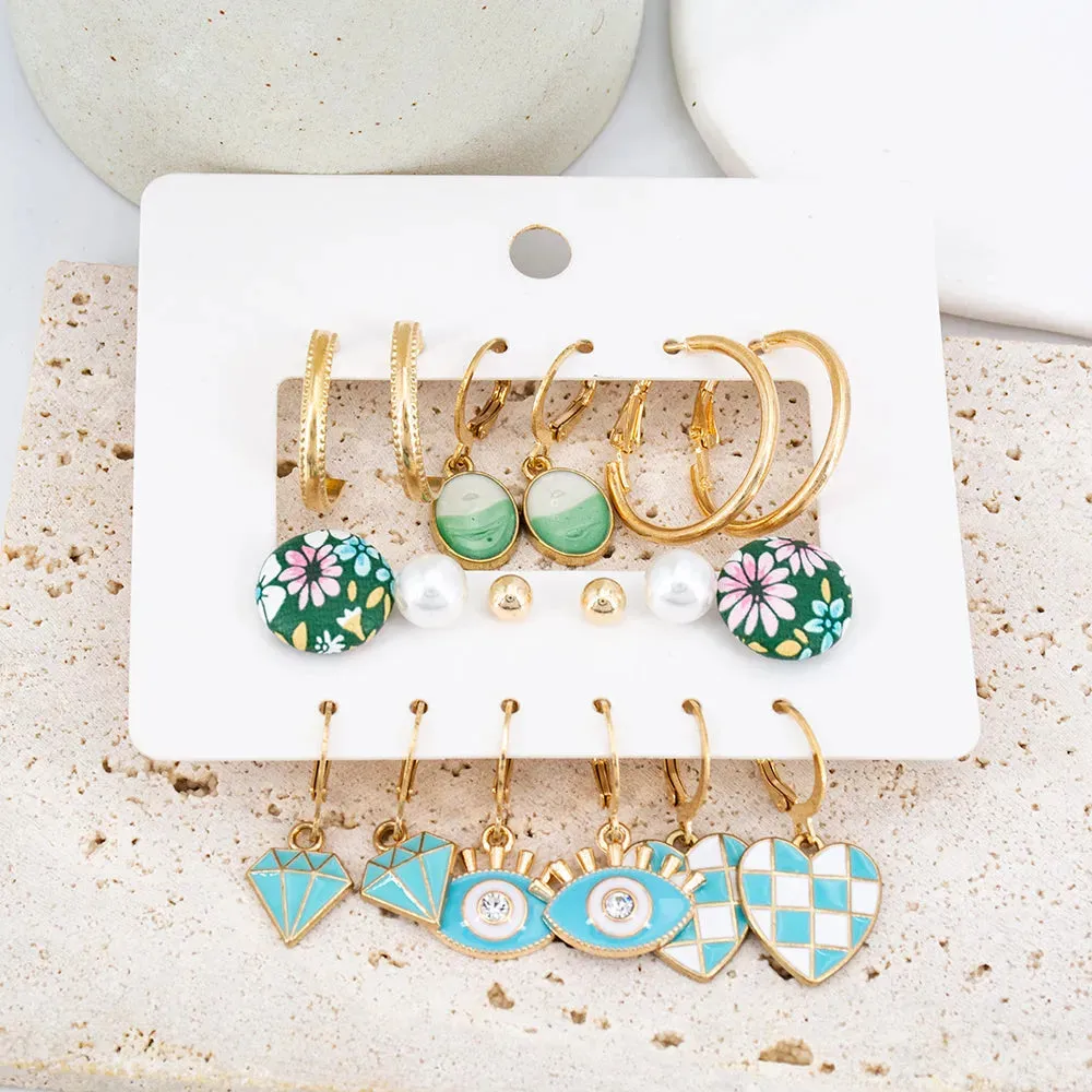 Gold Plated 9 Pair Earrings Set Diamond Shaped Green Stud Drop Earrings Set Alloy Earring Set - Pair Of 9