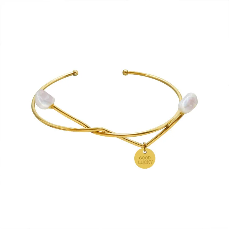 Good Lucky Freshwater Pearl Charm Bangle Bracelet