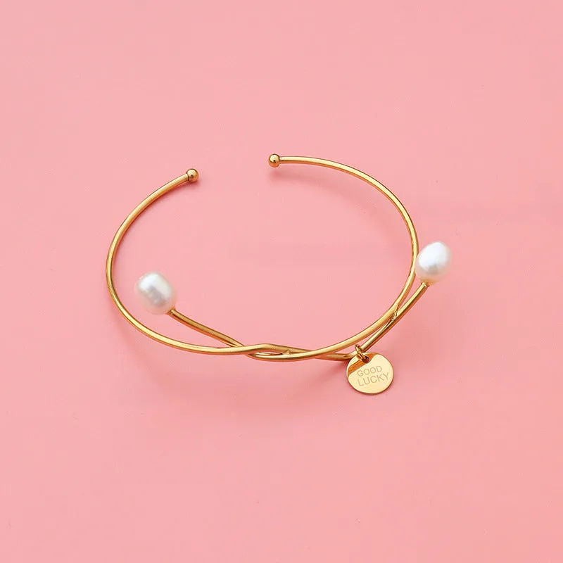 Good Lucky Freshwater Pearl Charm Bangle Bracelet