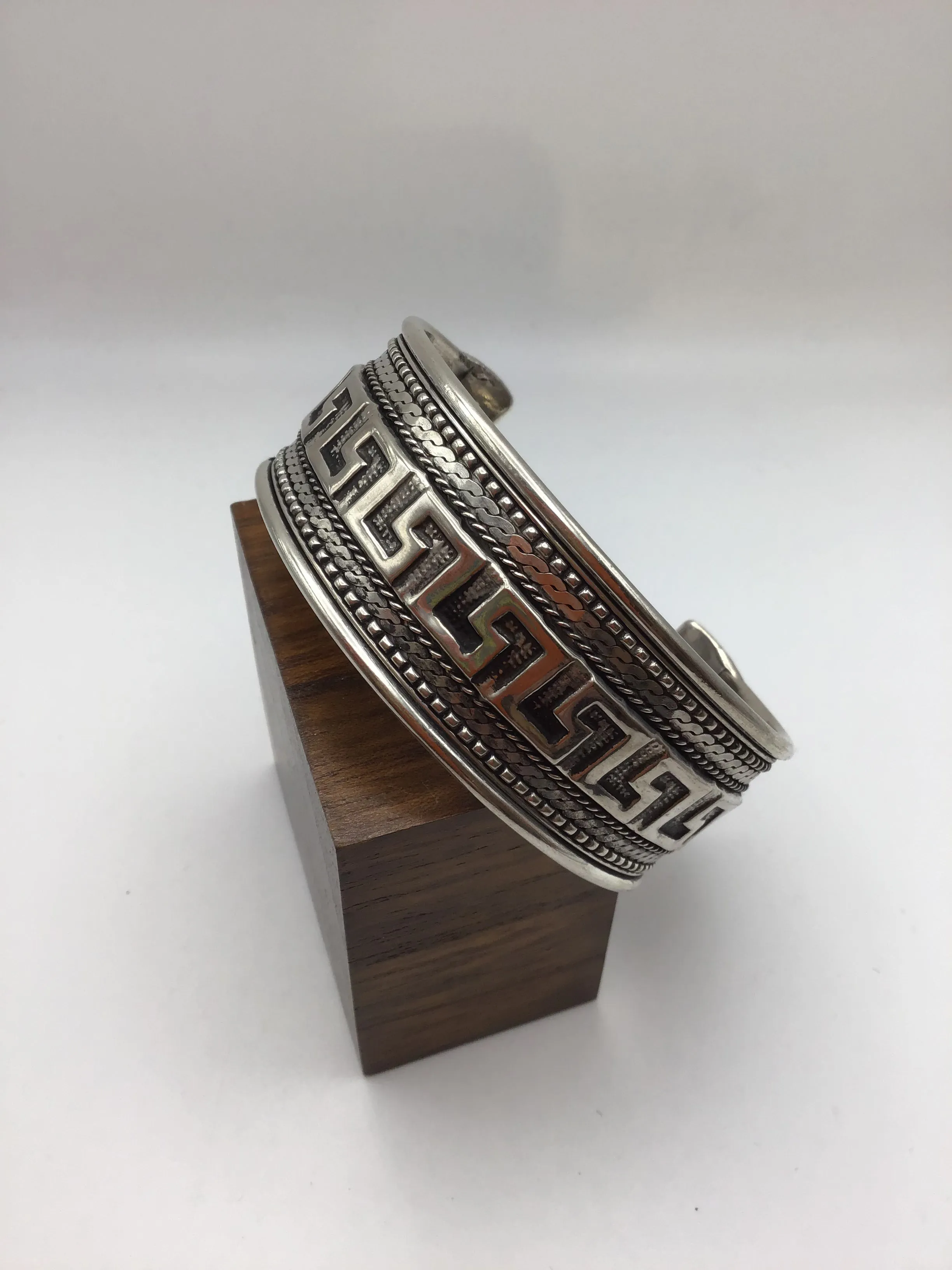 Greek Key Bangle: Brass and Silver plated brass